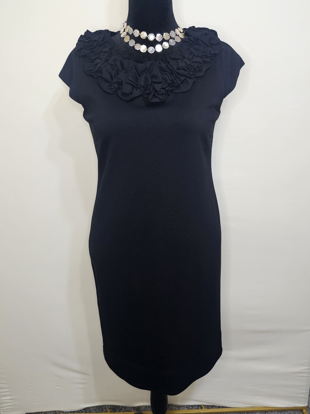 Taylor Little Black Dress Knit Cap Sleeve Ruffle Neck Midi 12